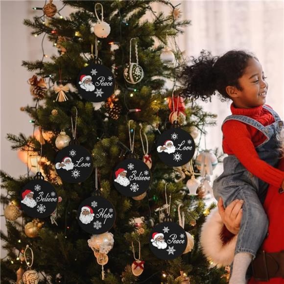 African American Christmas Tree Ornament Wooden Black Santa (Black,12 Pcs) - Picture 7 of 7